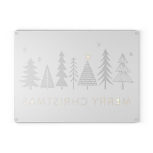 Light Grey Merry Christmas Black and White Trees Glass Cutting Board