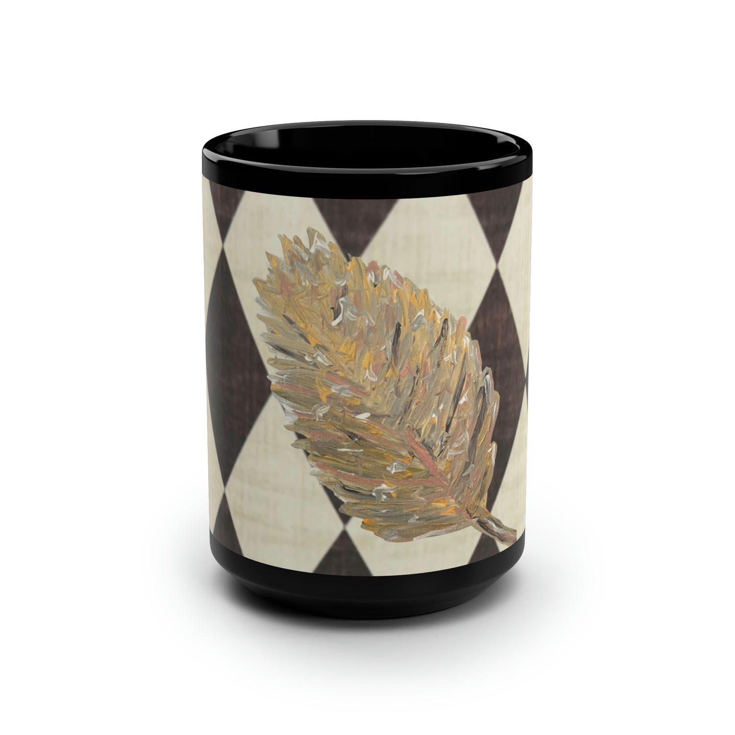 Golden Leaf Diamond Black Mug, 15oz