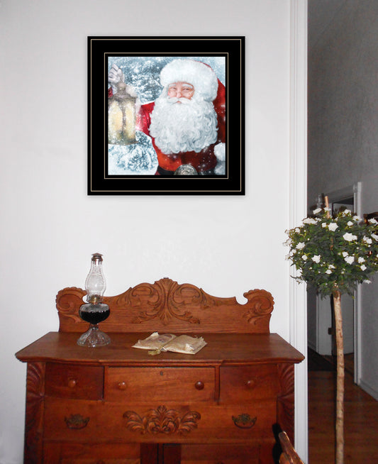 "Santa with Lantern" by Bluebird Barn Ready to Hang Framed Print, Black Frame