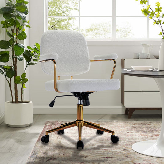 Teddy Velvet Makeup Office Desk Chair Bling Desk,Cute Vanity Chair with Side Arms and Wheels 360°,Bling Desk Nail Desk for Women, Adjustable Height,White