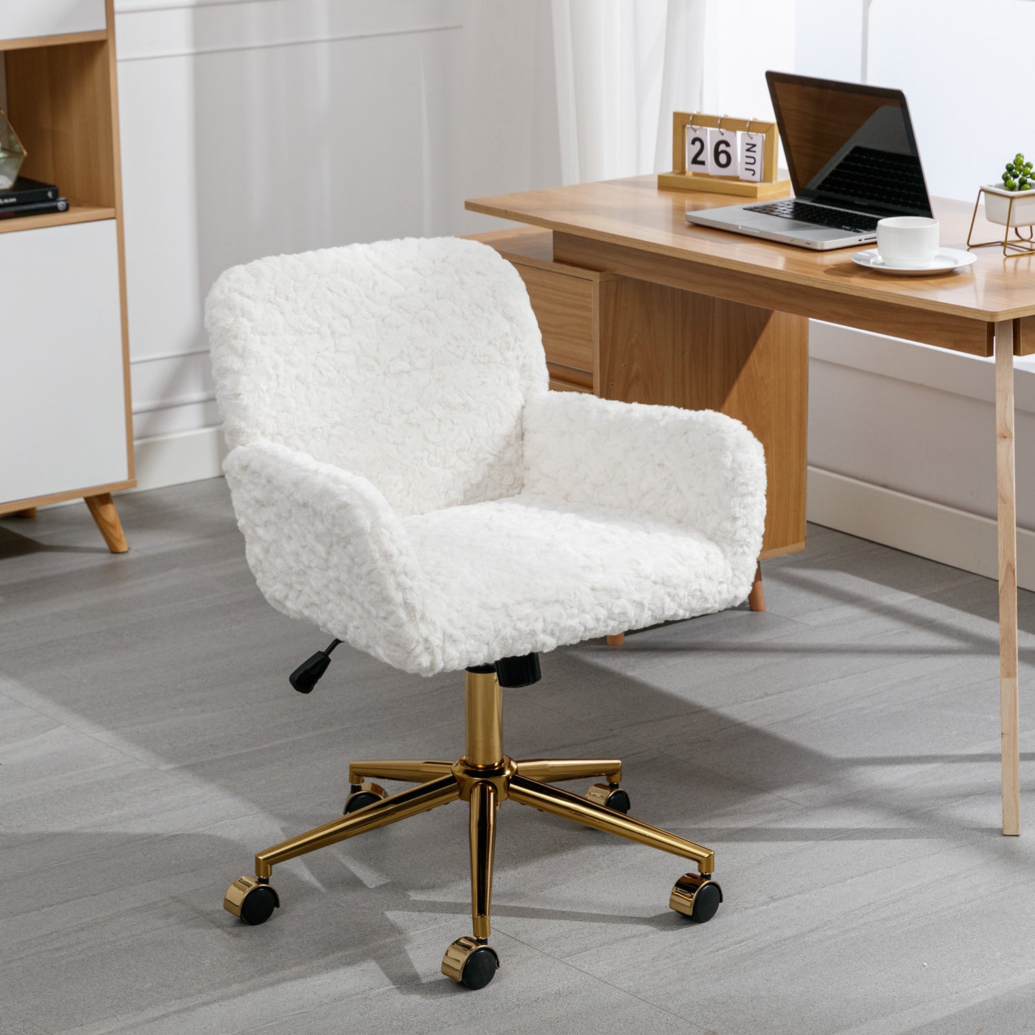 A&A Furniture Office Chair,Artificial rabbit hair Home Office Chair with Golden Metal Base,Adjustable Desk Chair Swivel Office Chair,Vanity Chair(Beige)