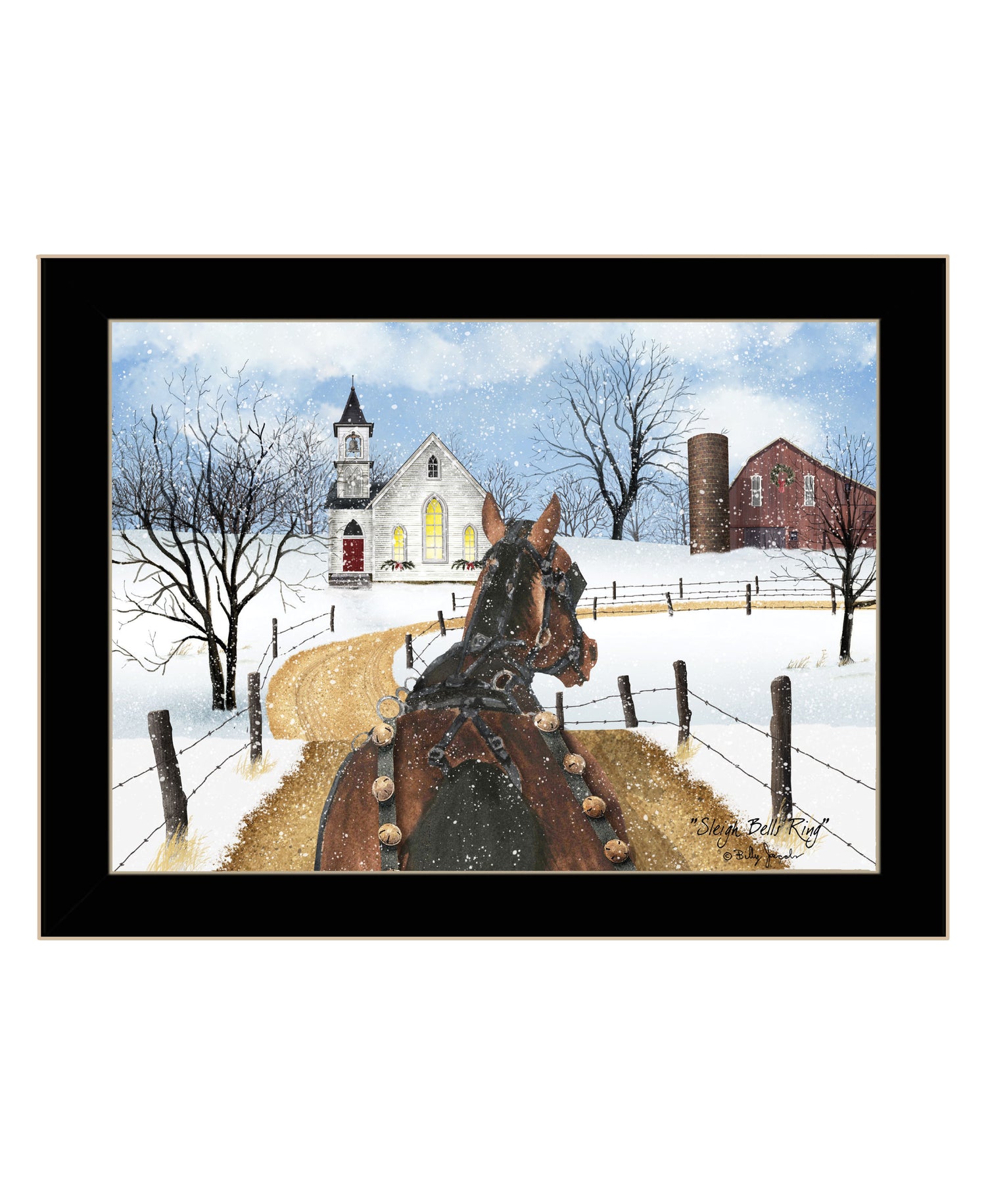 "Sleigh Bells Ring" by Billy Jacobs, Ready to Hang Framed Print, Black Frame