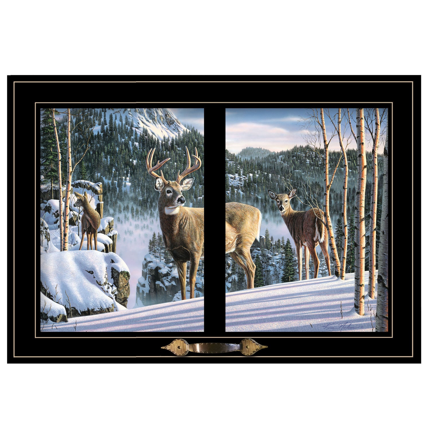 "Morning View Deer" by Kim Norlien, Ready to Hang Framed Print, Black Window-Style Frame