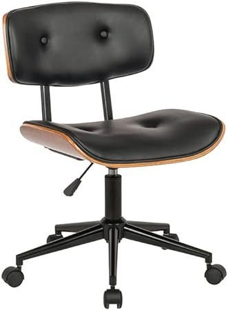 INO Design Home Office Desk Swivel Chair, Adjustable Armless Leather Wooden Task Chair, Minimal Modern Computer Chair, Black