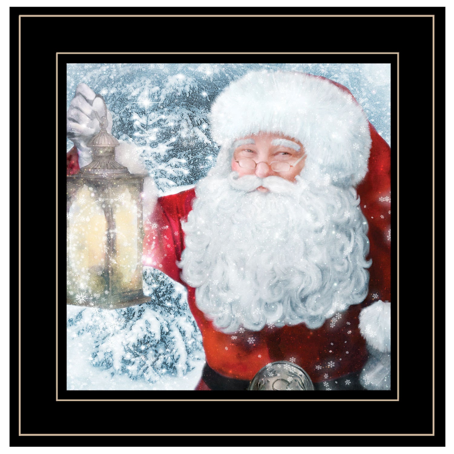 "Santa with Lantern" by Bluebird Barn Ready to Hang Framed Print, Black Frame