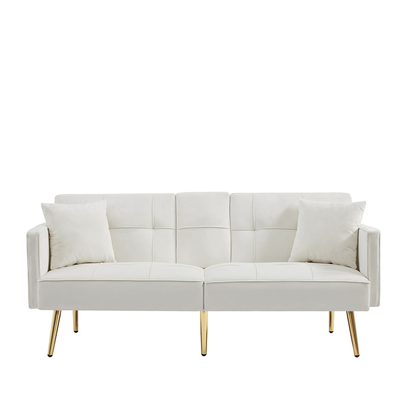 Cream White Velvet Futon Sofa Bed with Gold Metal Legs