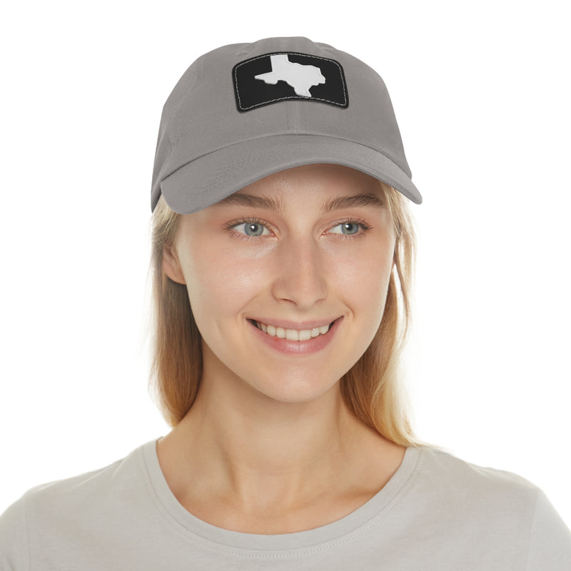 White Texas Dad Hat with Leather Patch (Rectangle)