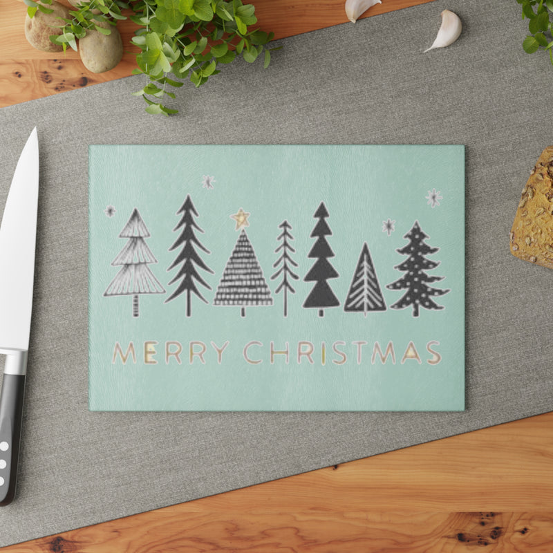 Merry Christmas Black and White Trees Glass Cutting Board
