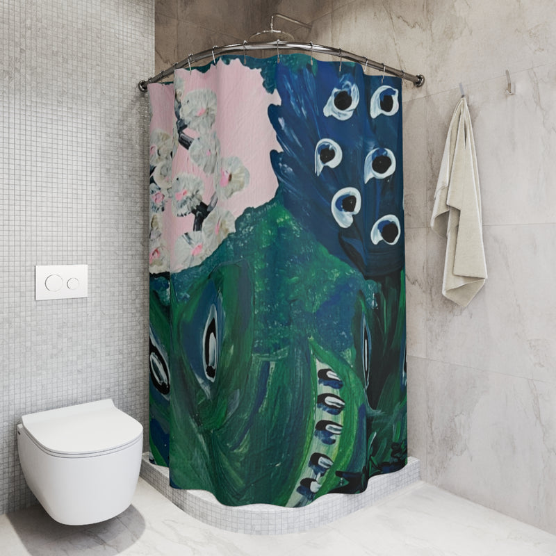“Plum Blossoms & Peacock Dreams” Polyester Shower Curtain