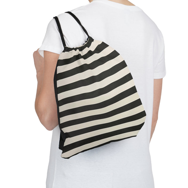 Black and White Striped Outdoor Drawstring Bag