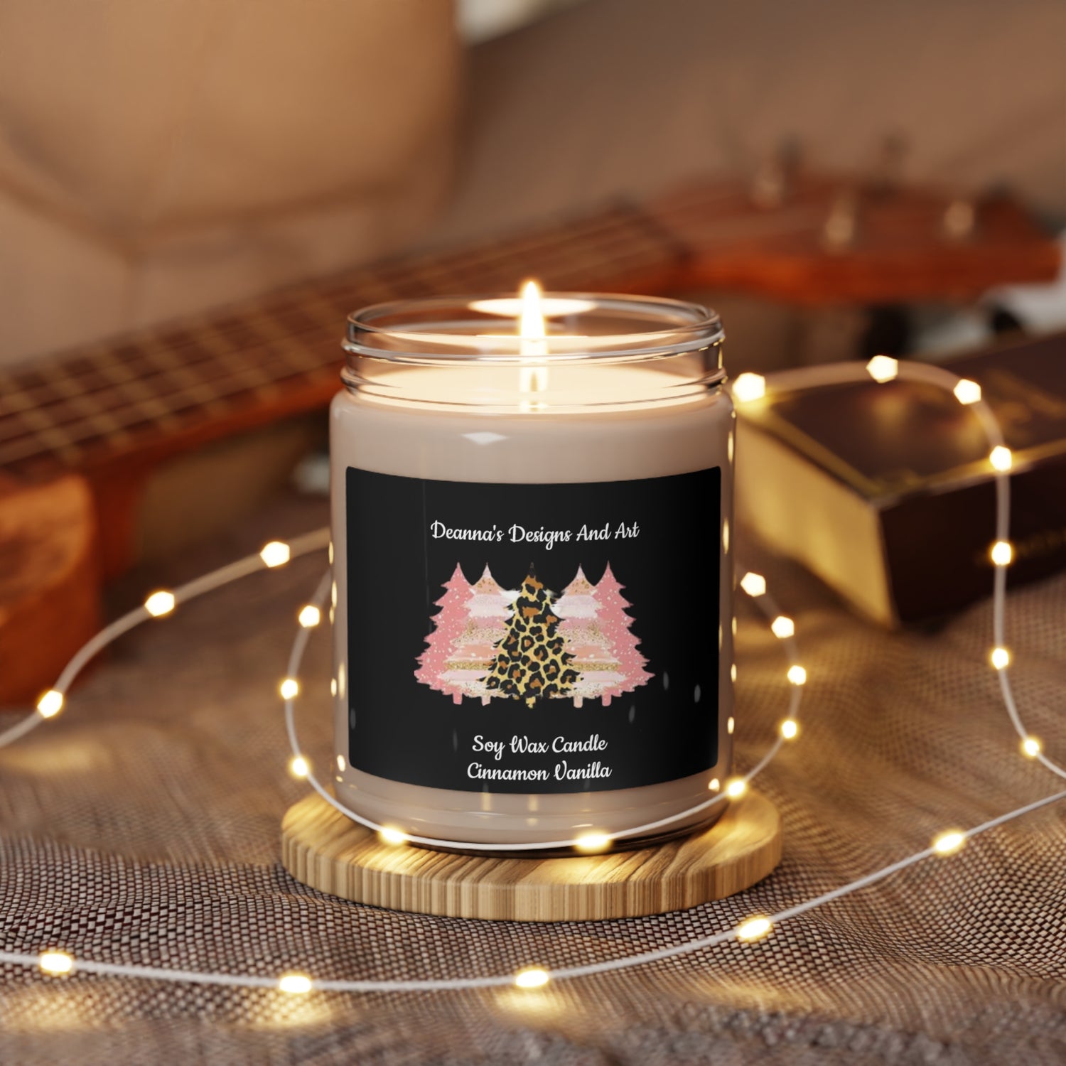 Leopard pink trees, Merry Christmas, Cinnamon and Vanilla Scented Soy Candle, 9oz