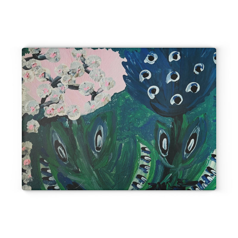 Plum Blossoms and Peacock Dreams Fine Art Glass Cutting Board