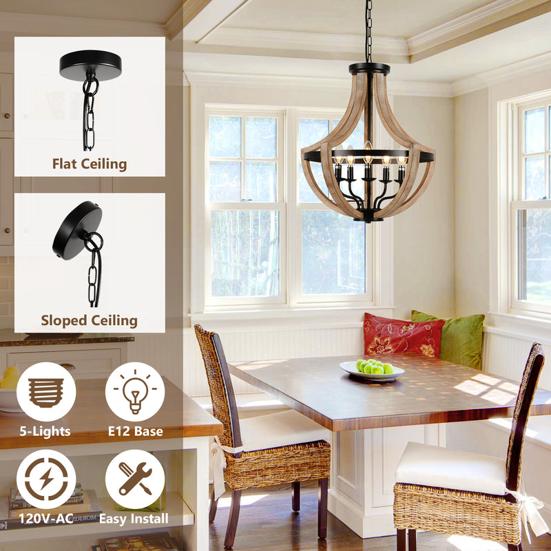 19" Farmhouse Wood Chandelier Light Fixtures