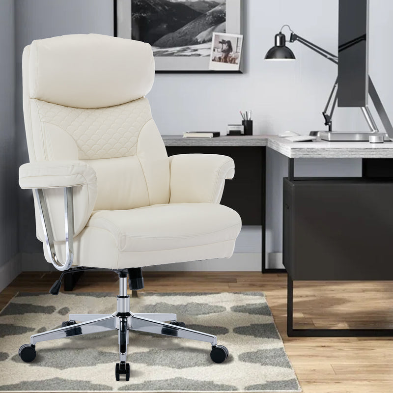 High Back Executive Office Chair 300lbs-Ergonomic Leather Computer Desk Chair , Thick Bonded Leather Office Chair for Comfort and Lumbar Support, Adjustable Rock Back Tension(white)