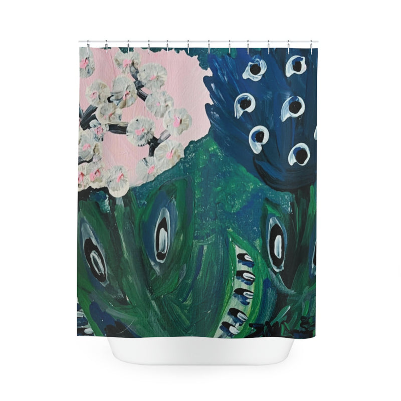 “Plum Blossoms & Peacock Dreams” Polyester Shower Curtain