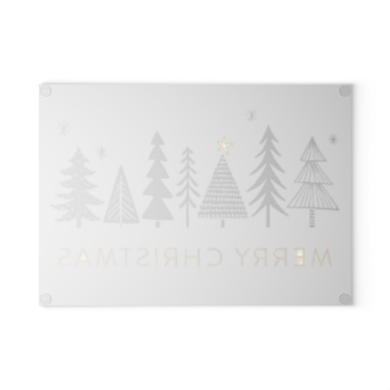 Light Grey Merry Christmas Black and White Trees Glass Cutting Board