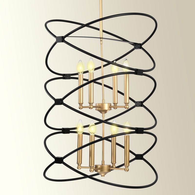 Transitional Gold/Matte Black Metal Chandelier Fixture, 8 lights, 2-Tier-Candle Ceiling Light for Living Room, Bedroom, Dining Room, Dimmable