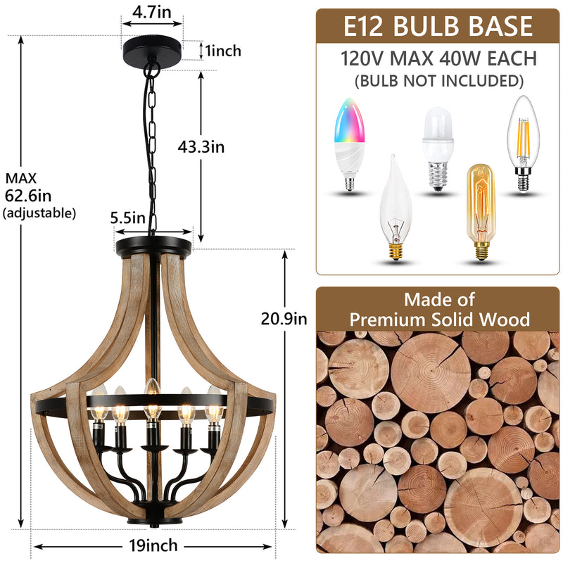 19" Farmhouse Wood Chandelier Light Fixtures