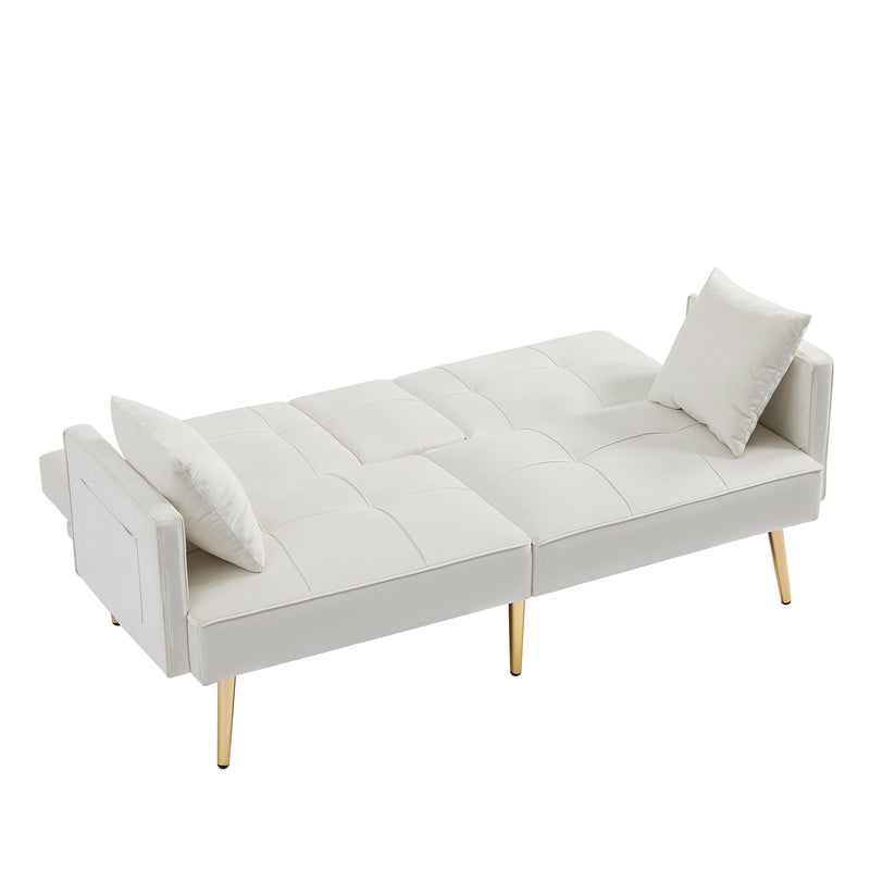 Cream White Velvet Futon Sofa Bed with Gold Metal Legs