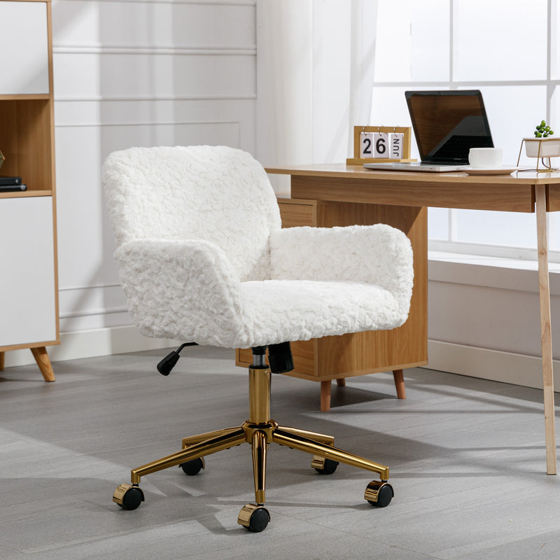 A&A Furniture Office Chair,Artificial rabbit hair Home Office Chair with Golden Metal Base,Adjustable Desk Chair Swivel Office Chair,Vanity Chair(Beige)