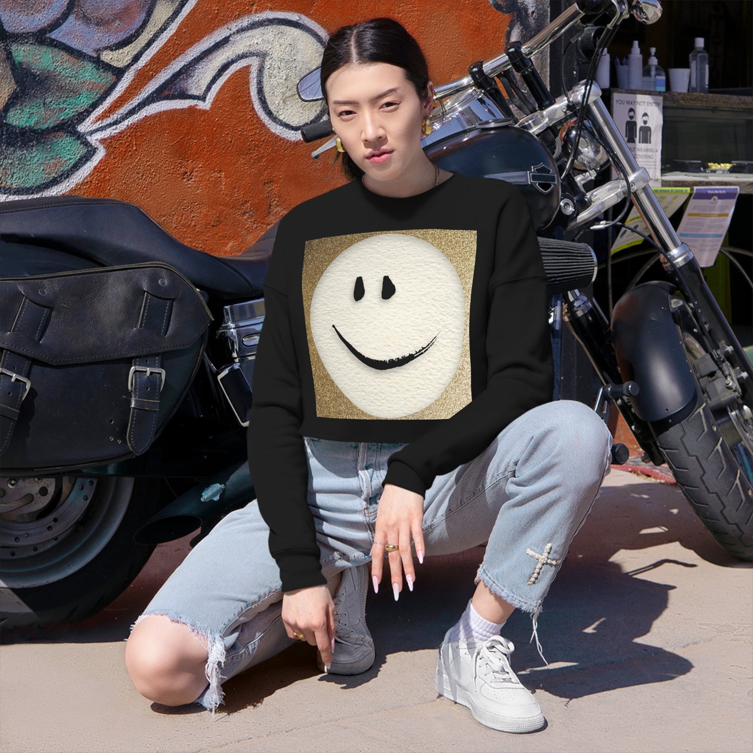 “Gold Smiley” Cropped Sweatshirt