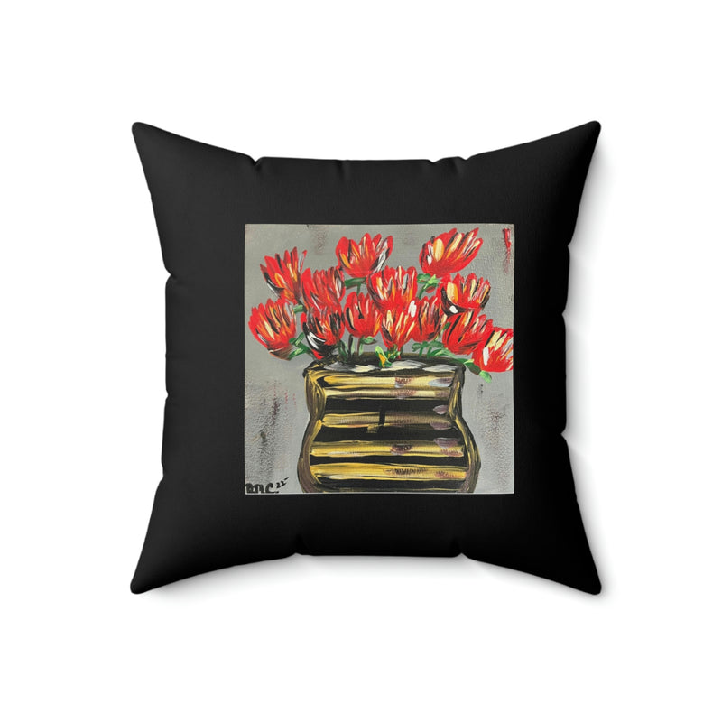 Smell The Flowers Black Spun Polyester Square Pillow