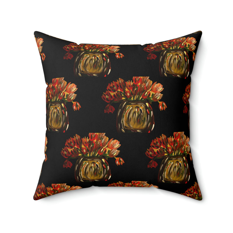 The Red Flowers in a Vase Black Patterned Spun Polyester Square Pillow
