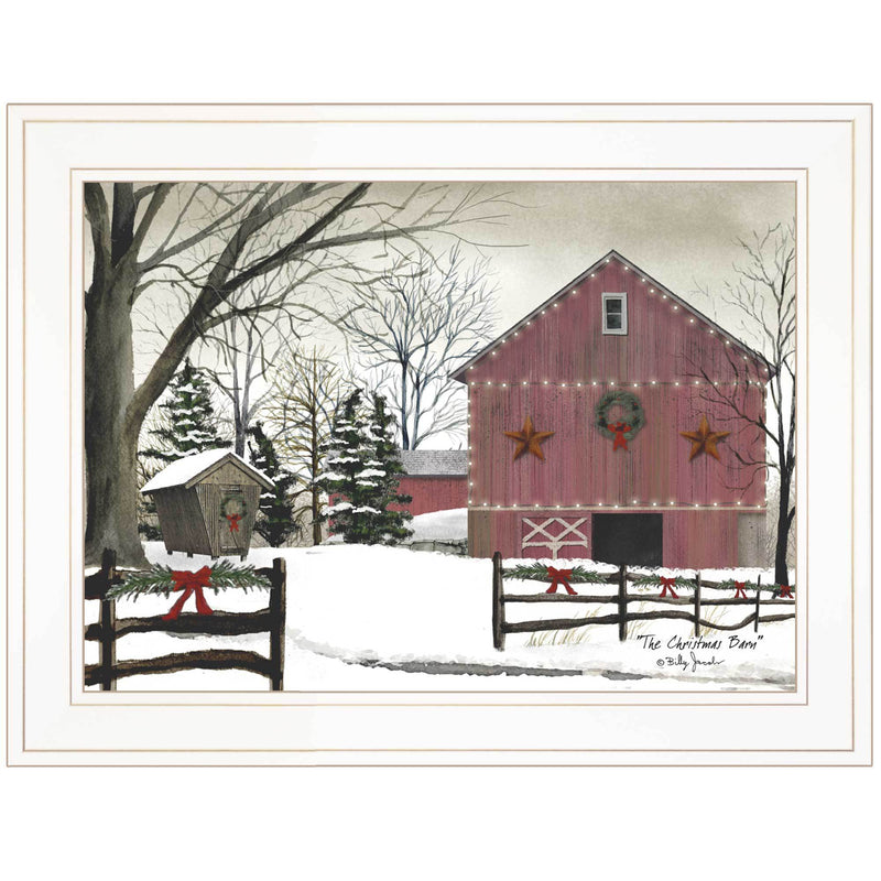 "Christmas Barn" by Billy Jacobs Ready to Hang Holiday Framed Print, White Frame