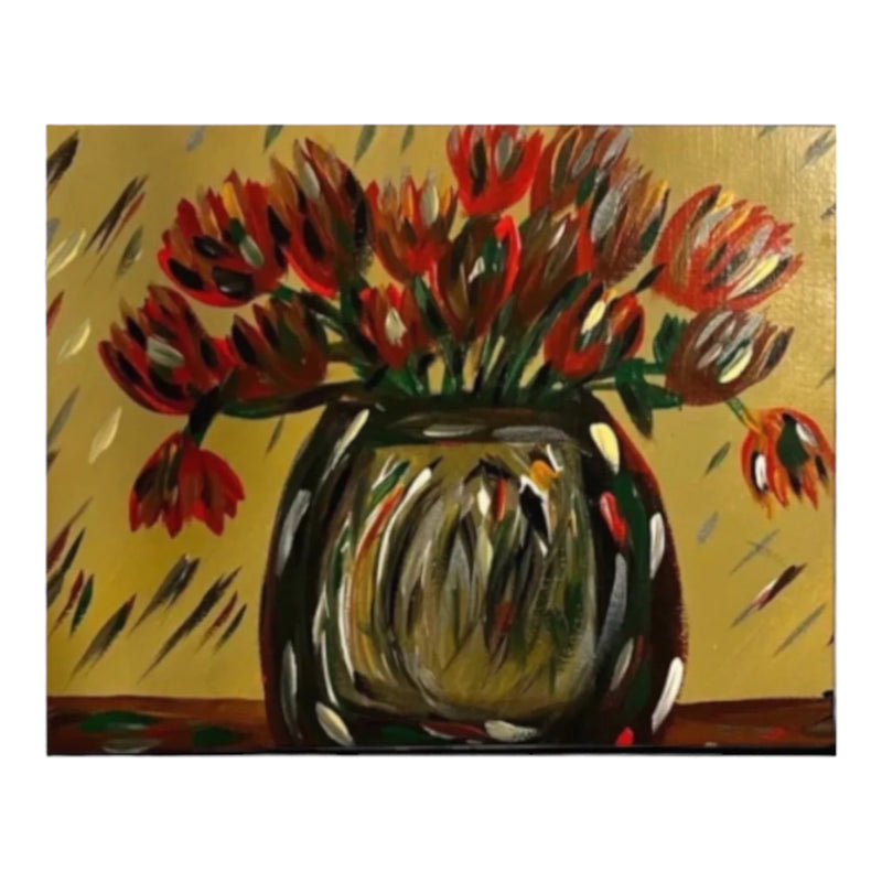 "Les tulipes rouges dans un vase" - Oeuvre abstraite originale de : Deanna Caroon 11"x17"Matted à 16"x20" et encadré à 16"x22"