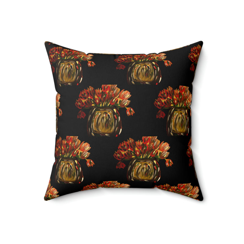 The Red Flowers in a Vase Black Patterned Spun Polyester Square Pillow